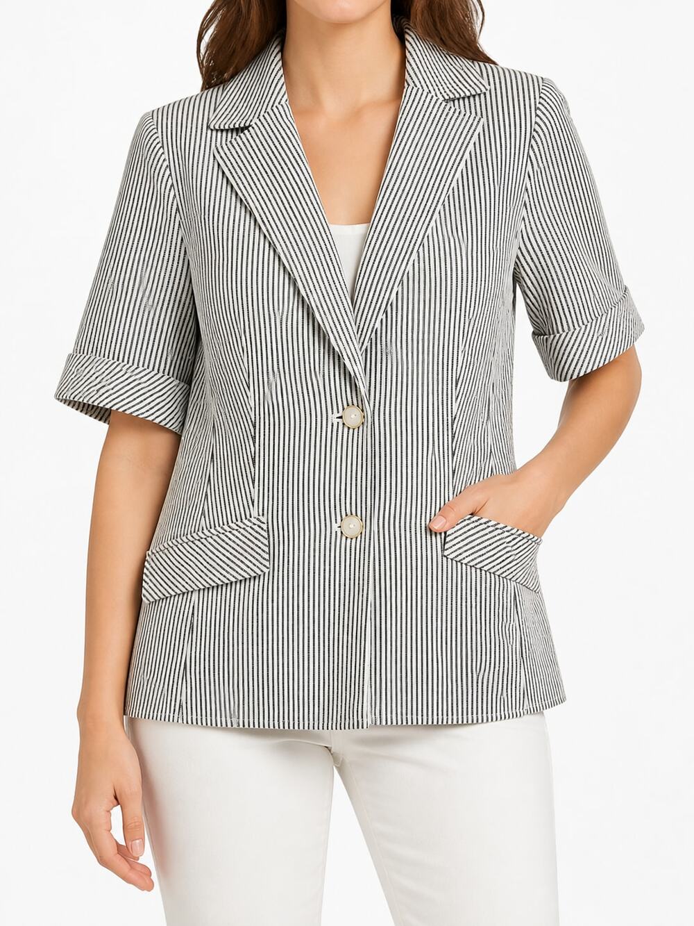 Isaac Mizrahi Live! Yacht Club Knit Seersucker Short Sleeve Blazer Jacket XS